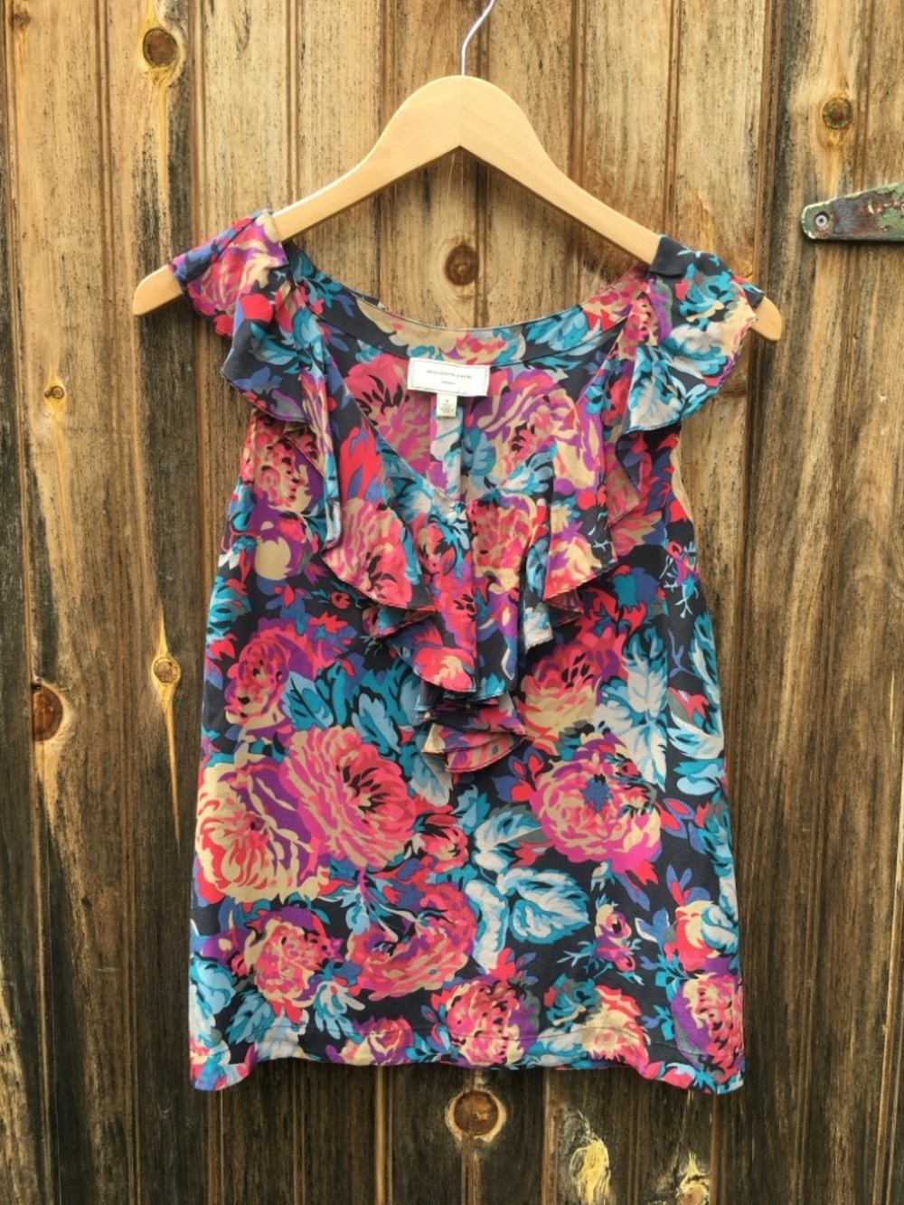 Moulinette Soeurs Floral Ruffle Shell in Navy, Pink, Turquoise 100% Silk